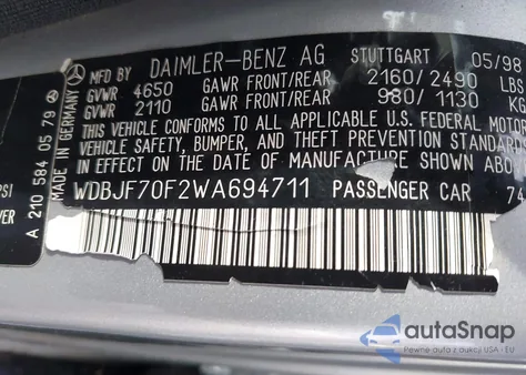 1998 Mercedes-Benz E 430 из США, поврежденный, VIN WDBJF70F2WA694711